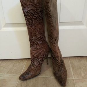 Brown leather print high heel boots